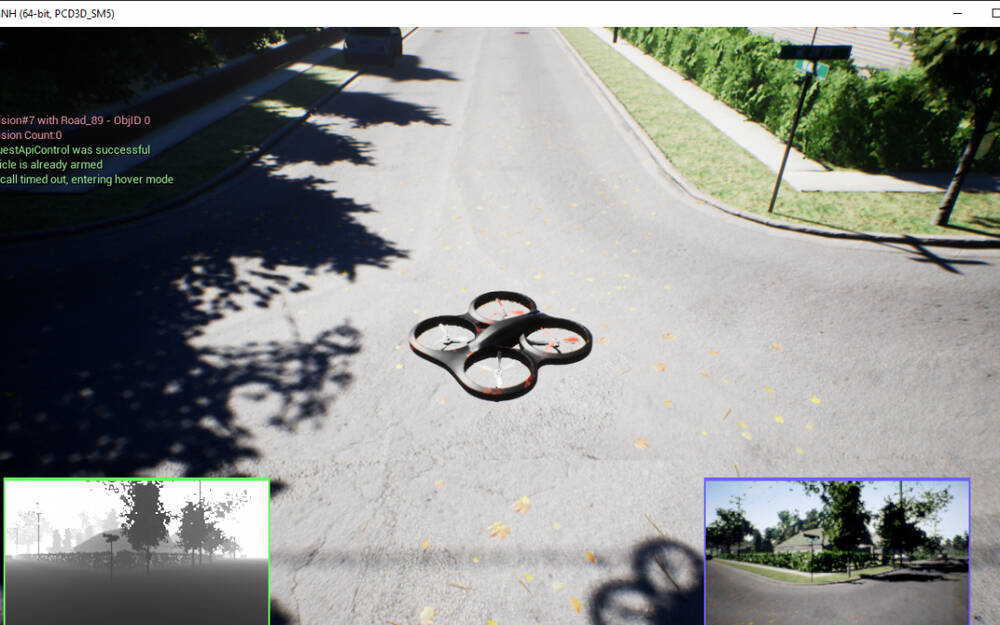 A quadcopter drone is hovering over a suburban street intersection in a realistic simulation environment, with its shadow visible on the road.On-screen debug messages indicate the drone's status, and two inset views show a depth map and the drone’s c...